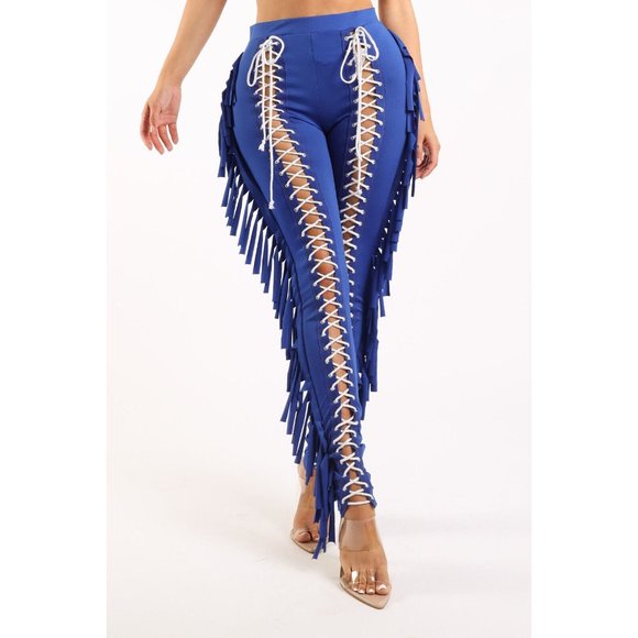 Womens Chic Lace up Detailed Fringe Pants Fashion Stylish Tassels Slim Trousers - Picture 2 of 10